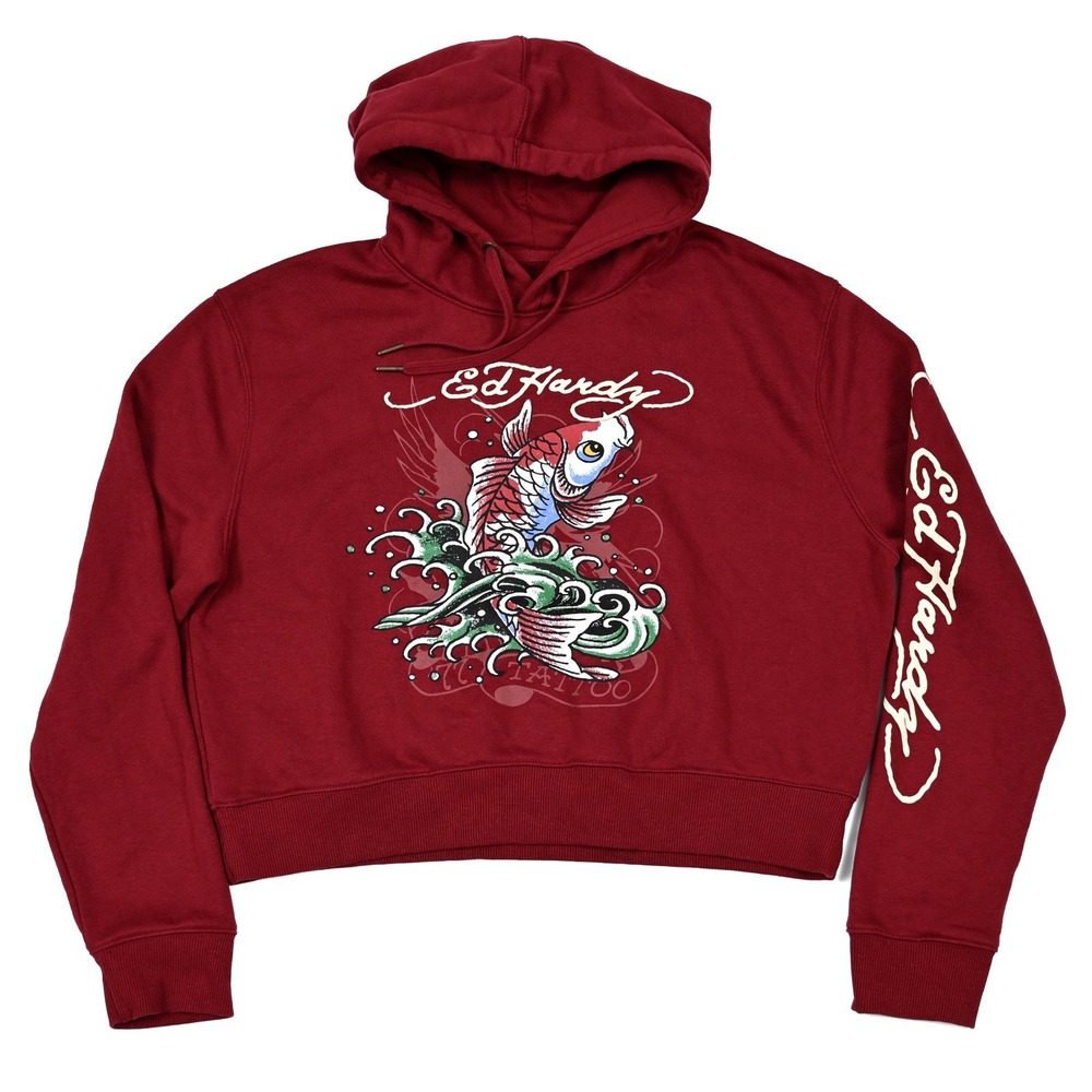 Ed Hardy Retro Y2K Koi Fish Graphic Maroon Cropped Hoodie Womens Size XL‎ Tattoo